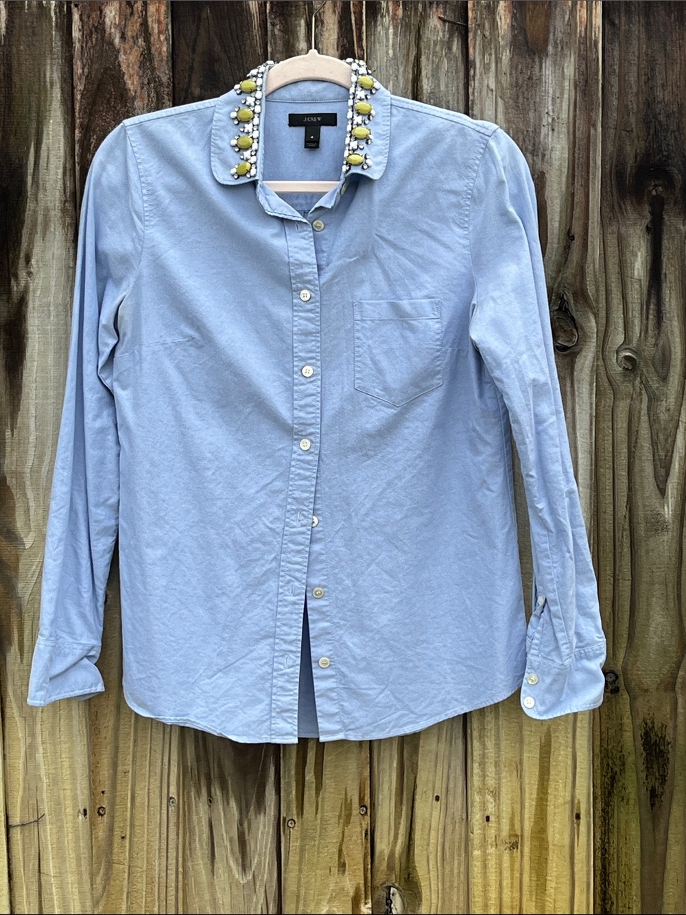 J. Crew Light Blue Button-Down Shirt with Beaded Yellow Accent Collar